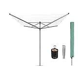 Image of Brabantia - Lift-O-Matic - 50 Metres of Clothes Line - Adjustable in Height - UV-Resistant & Non-Slip Lining - Umbrella System - with Ground Spike 45 mm, Cover & Peg Bag - Metallic Grey - ø 295 cm