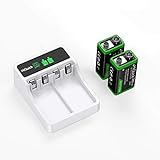 Image of HiQuick 2-slot 9V Battery Charger, Fast Charging Function, Type C and Micro USB Input, with 2 x 280mAh 9V NI-MH Rechargeable Batteries, Battery and Charger Set