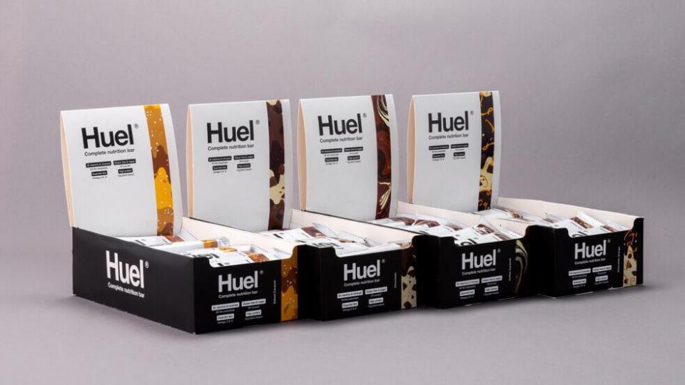 Huel meal replacement bars on a white background 