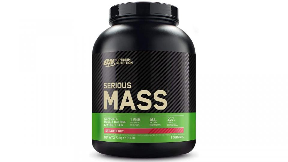 Optimum nutrition serious mass on a white background 