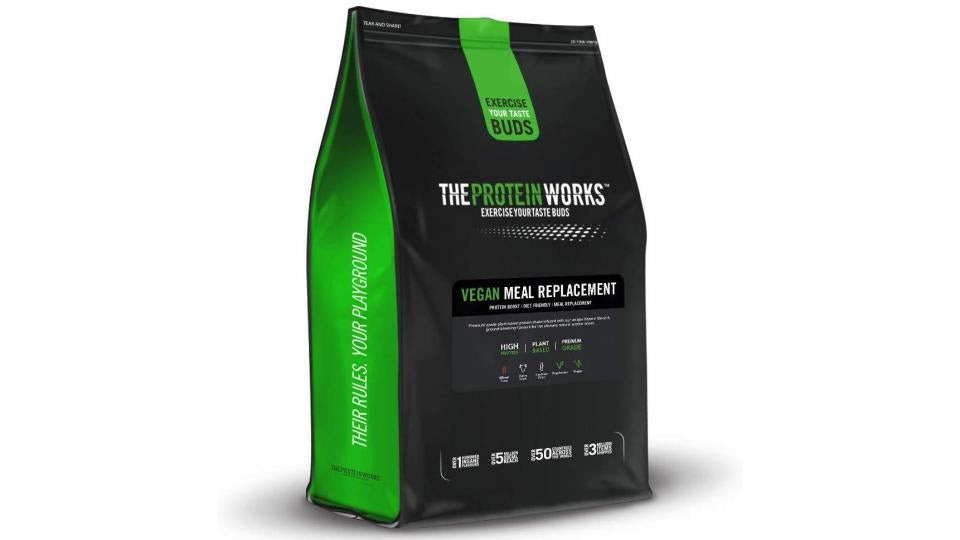 The protein works vegan meal replacement on a white background 