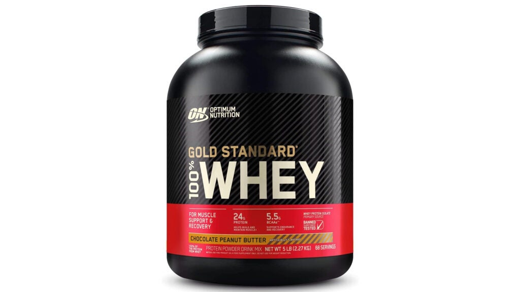 Optimum Nutrition Gold Standard Whey Protein on a white background