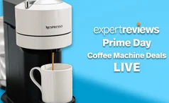 Nespresso Vertuo Next machine on blue background with Expert Reviews Prime Day Coffee Machine Deals text alongside